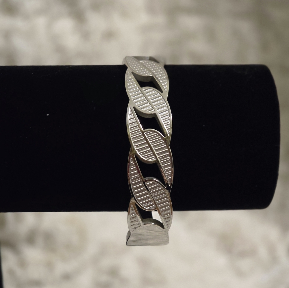 Stainless Steel 18k White Gold Overlay Cuban Link Chain Bangle Bracelet 7.5" NWT